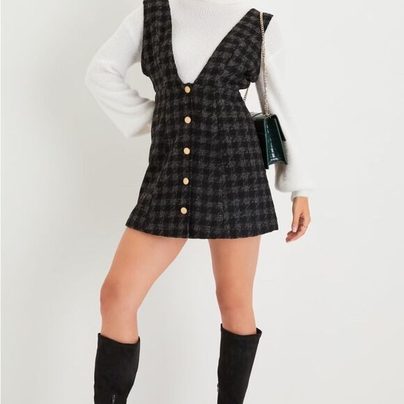 Lulu's Dresses & Skirts - Lulu's Sz Medium Proper Cutie Black Plaid Tweed Preppy Jumper Pinafore Dress